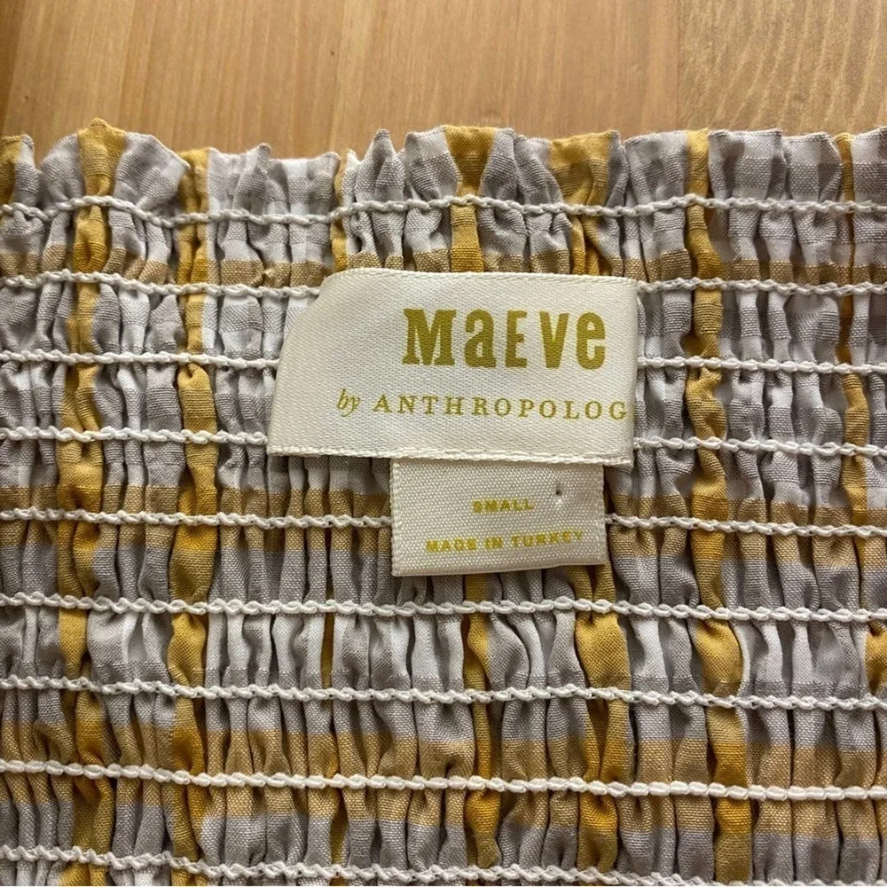 Anthropologie Maeve Plaid Print Square-Neck Blouse Puff Sleeves Cream Yellow Top